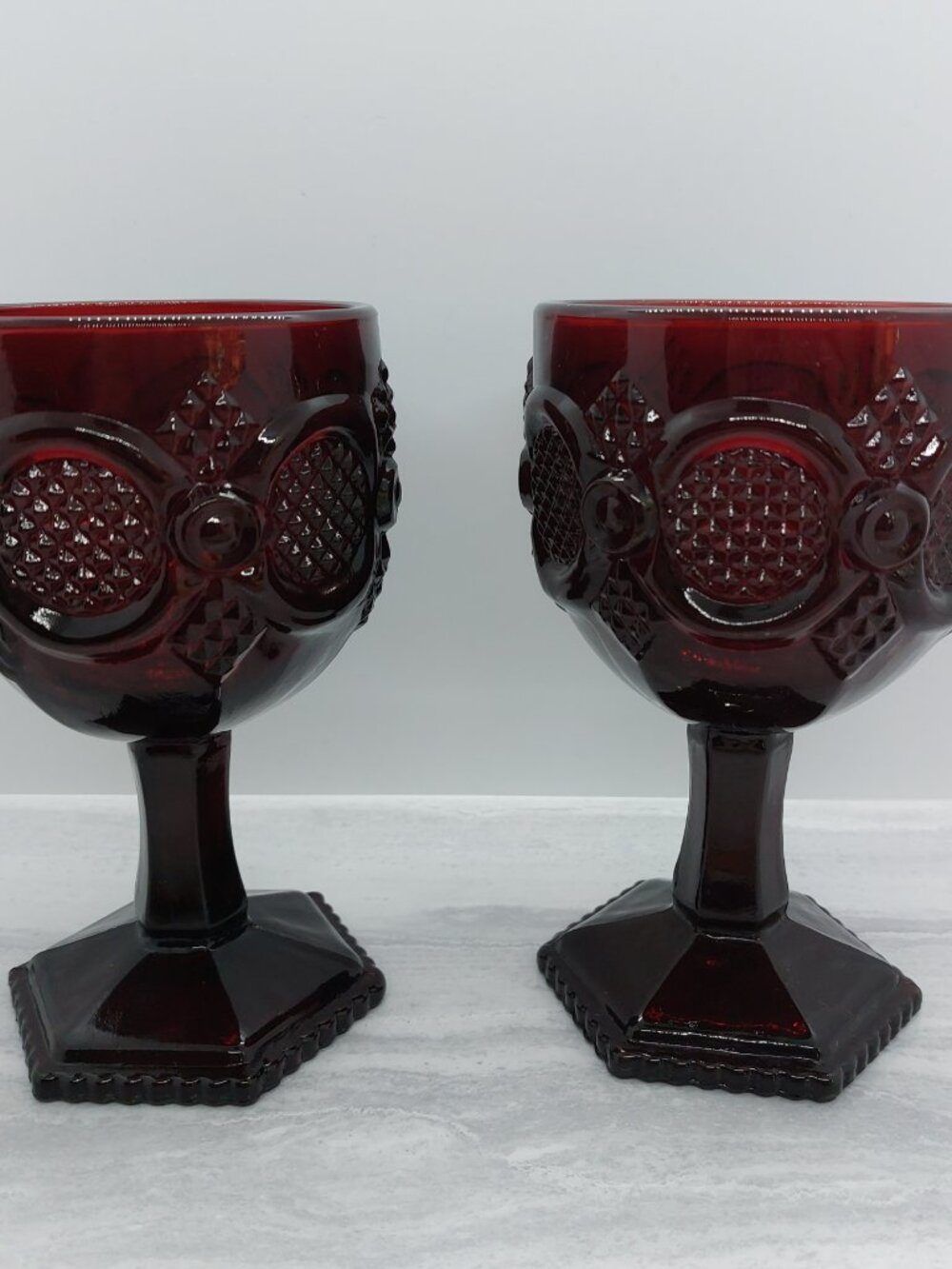 2 Vintage Avon Ruby Red Cape Cod 1876 Collection Glass Footed 6" Goblets